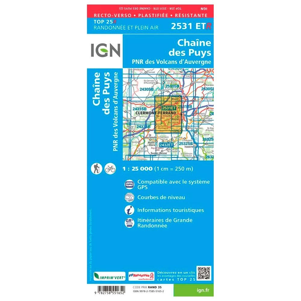 Carte IGN 2531ETR Chaine Des Puys, PNR Des Volcans D'Auvergne - Résistante – Image 2